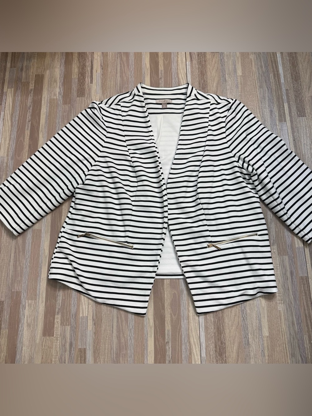 Roz & Ali Striped Open Front Blazer Jacket - White & Black, Women's Plus Size 2x